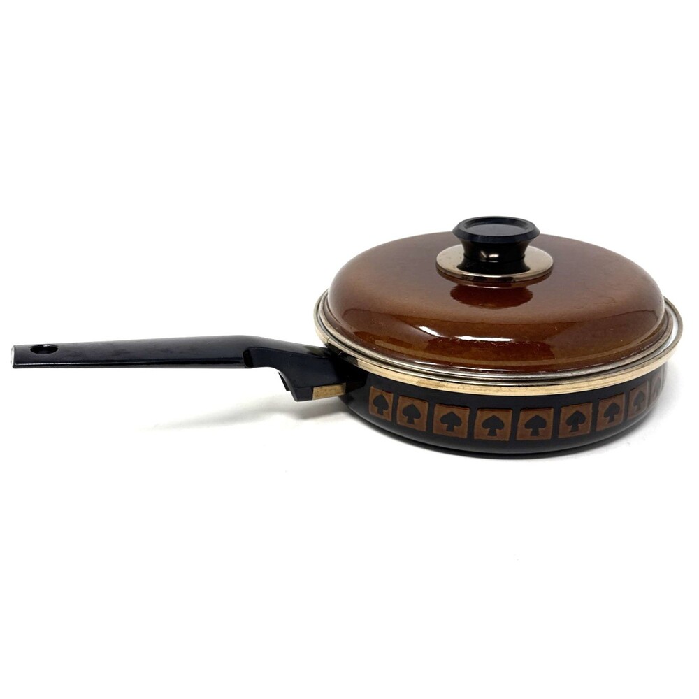 VTG West Bend Le Provencal Enamelware 8" Saute Pan w/Lid Brown Spade Mushroom